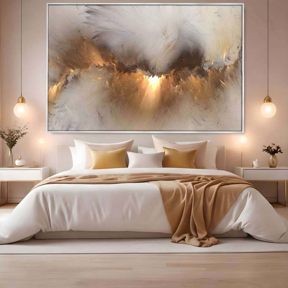 Tablou canvas cu tablou canvas cu peisaj abstract luminos, in rama de aluminiu argintiu, pe perete intr-un dormitor